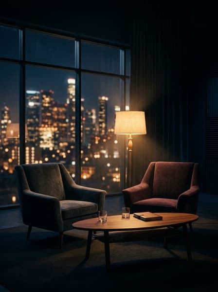 Two armchairs on a late-night talk show set, city lights beyond the window