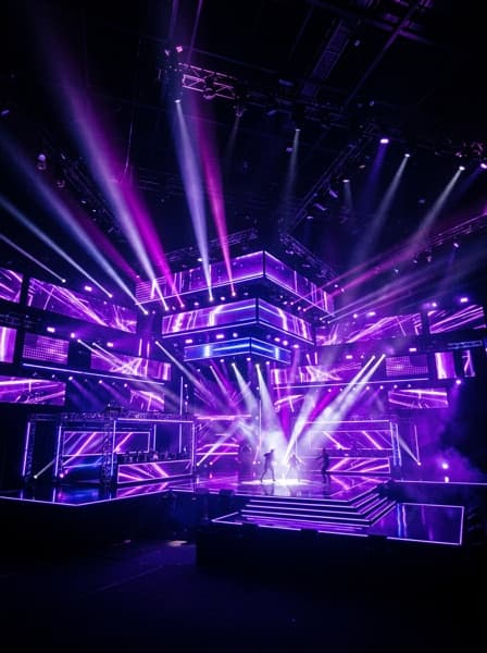 A competition stage with tiered screens glowing violet
