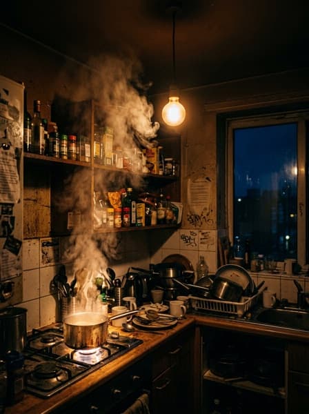 A hostel kitchen at 2am lit by one bare bulb, steam rising from a pot