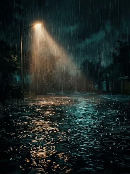 Monsoon rain falling through a streetlight over flooded tarmac