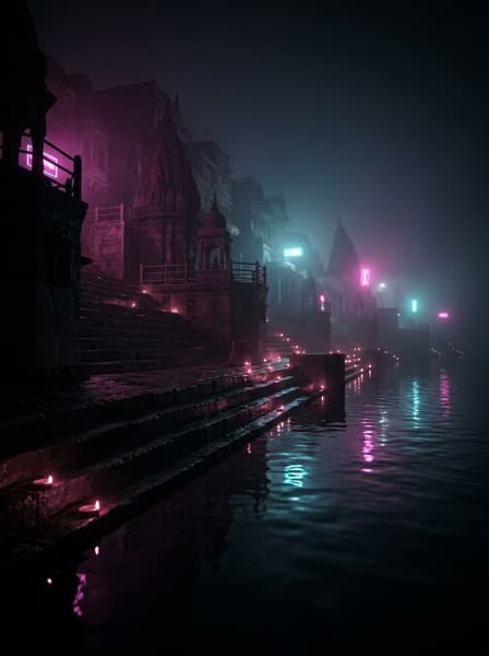 Stone ghats at night lit by scattered neon and lamplight, a crime drama