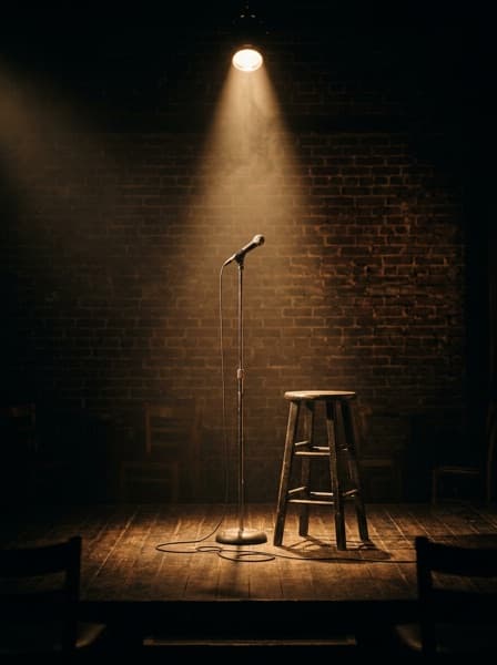 A bare comedy-club stage with a single microphone under a hot spotlight