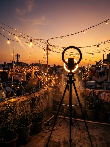 A rooftop ring light and phone tripod against string lights at golden hour