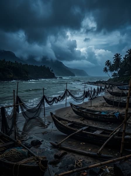 Wooden fishing boats on the coast at blue hour, monsoon clouds massing