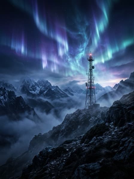 A lone radio tower on a misty hillside under strange aurora light