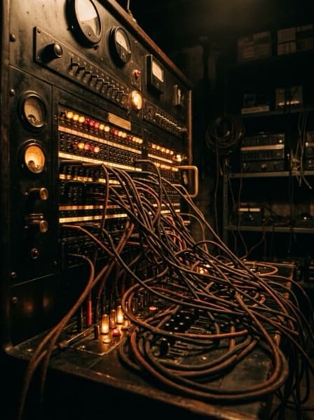 A tangled 1980s telephone switchboard lit by glowing indicator lamps