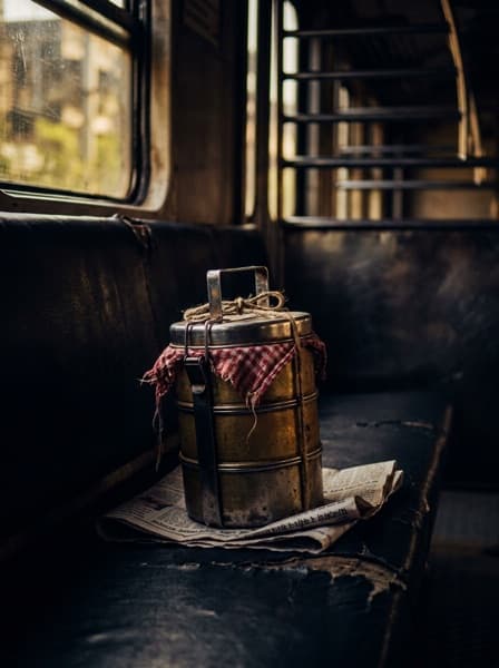 Stacked steel tiffins on a train seat in low amber light