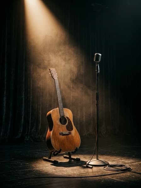 An acoustic guitar and vintage microphone under one warm spotlight